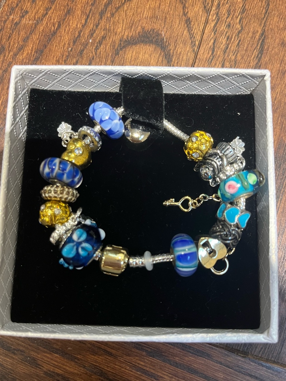 Swarovski Blue, Teal & Gold Glass Charm Bracelet